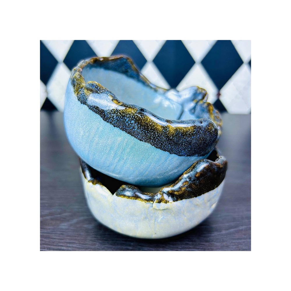 Stoneware Studio Pottery Bowls Organic Textured Rim Handcrafted Wabi-Sabi Glaze
